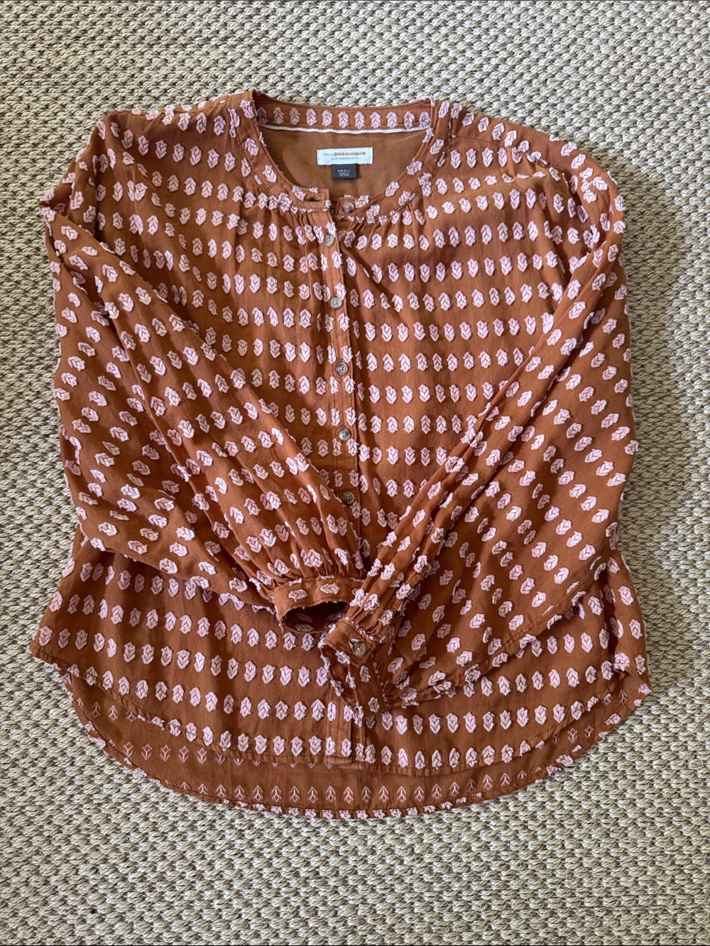 Anthropologie Rust Brown & White Printed Button-Front Blouse